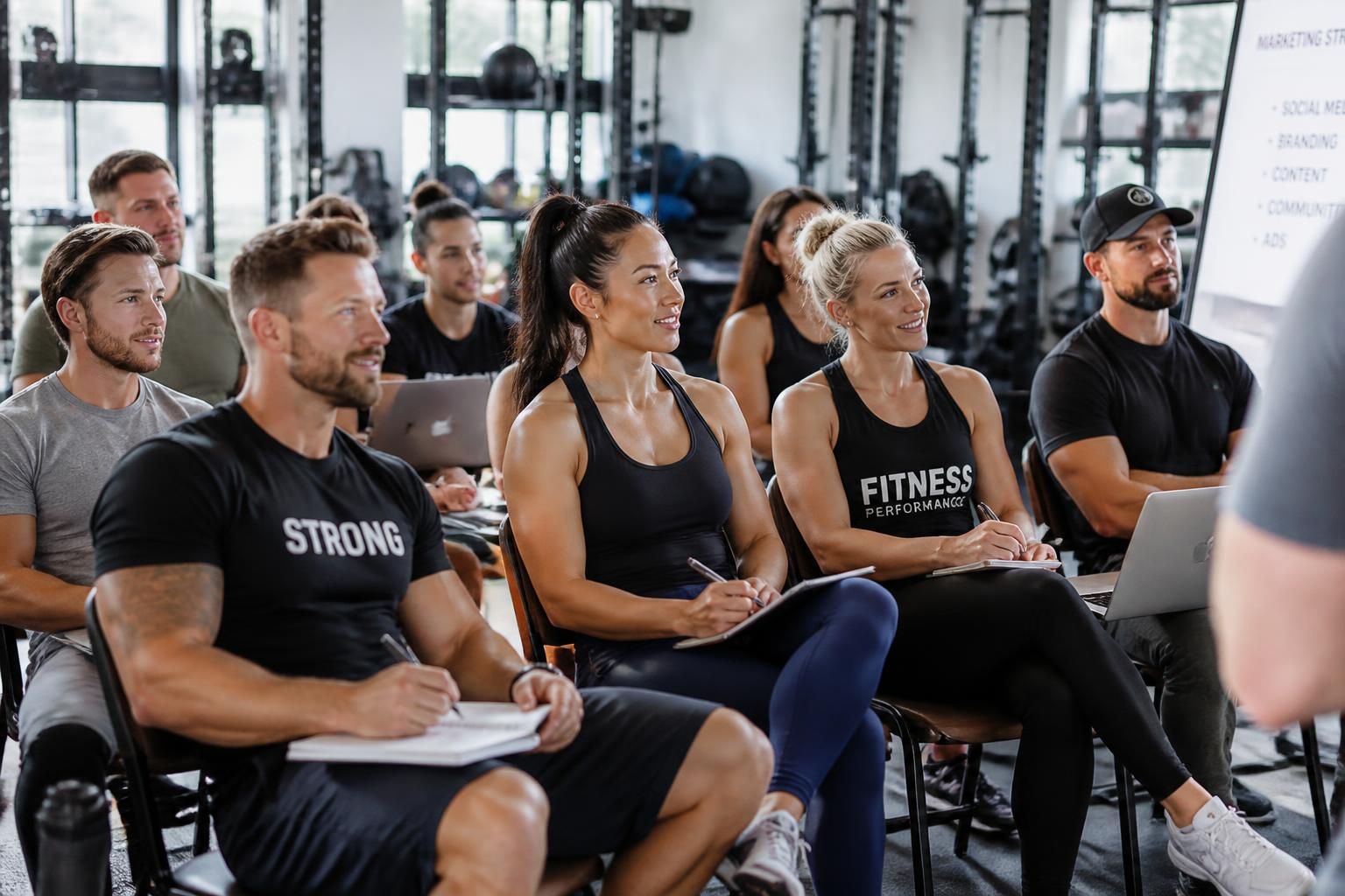 Fitness trainers learning marketing together in a gym